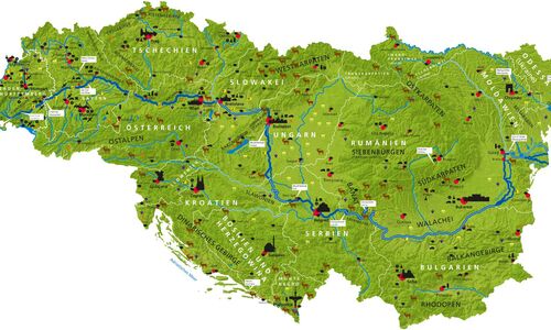 Donaukarte mit angrenzenden Ländern und deren Groß- und Hauptstädten